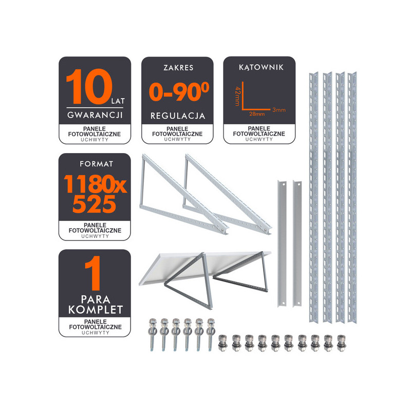 2x Ekierka, trójkąty regulowane 1180x525 do montażu paneli fotowoltaicznych 0-90
