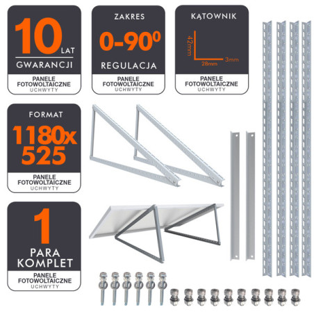 2x Ekierka, trójkąty regulowane 1180x525 do montażu paneli fotowoltaicznych 0-90